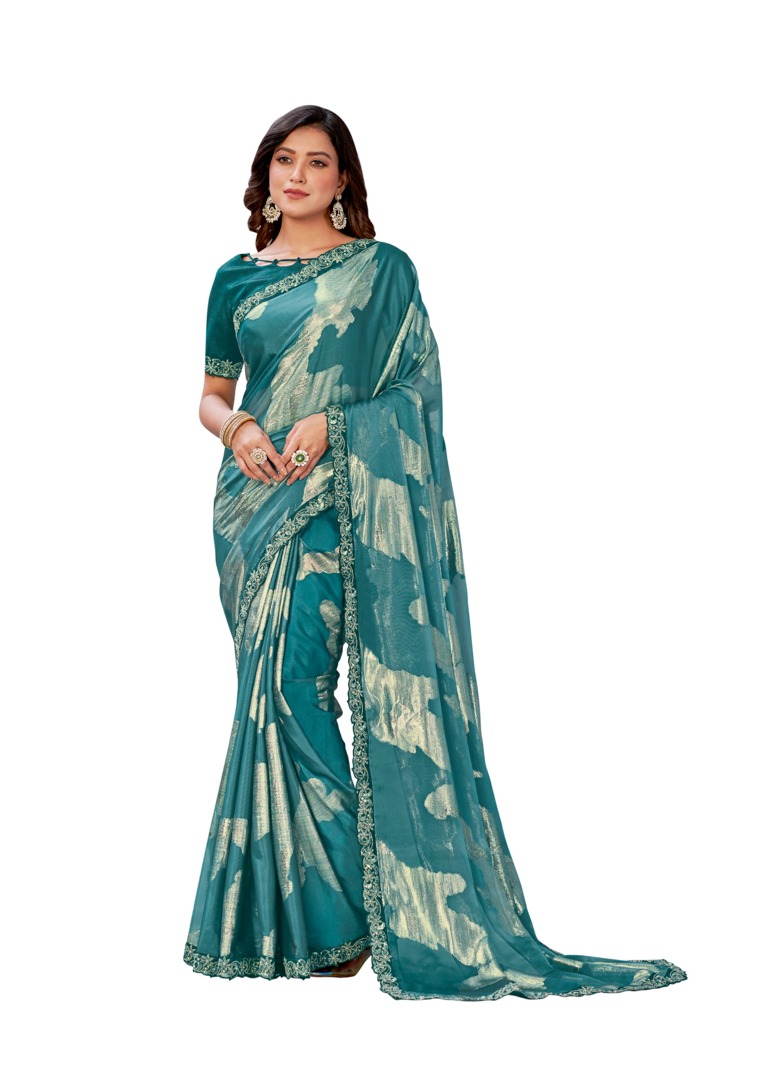 Sea Green Georgette Zari Jacquard Embroidered Border With Stone Work Saree With Unstitched Blouse Piece - Norita Zaina - Distacart