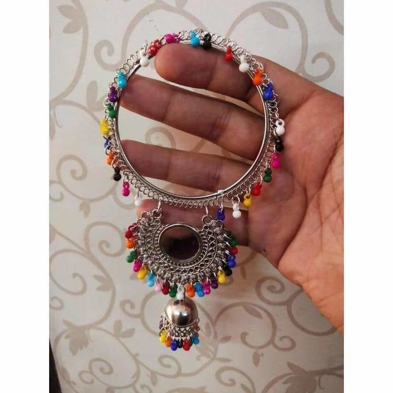Silver Color Bangles With Colorful Pearls And Jhumki