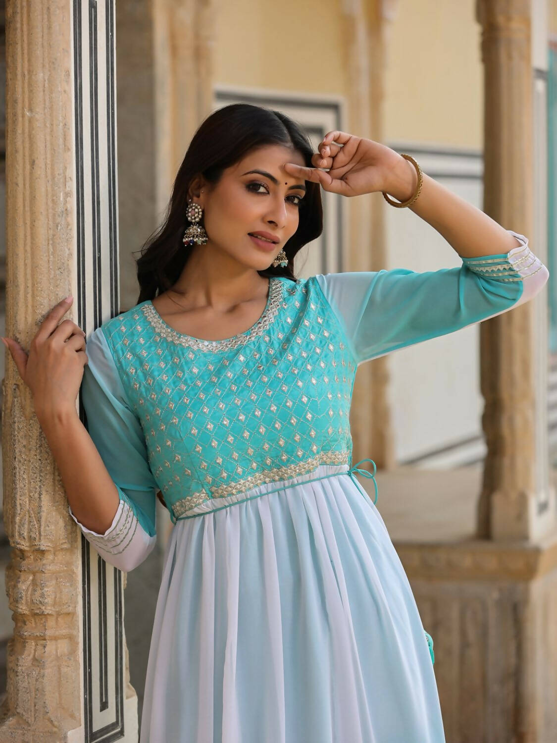 Juniper Women Teal Georgette Embroidered Maxi Dress - Distacart