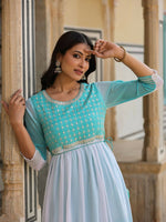 Thumbnail for Juniper Women Teal Georgette Embroidered Maxi Dress - Distacart
