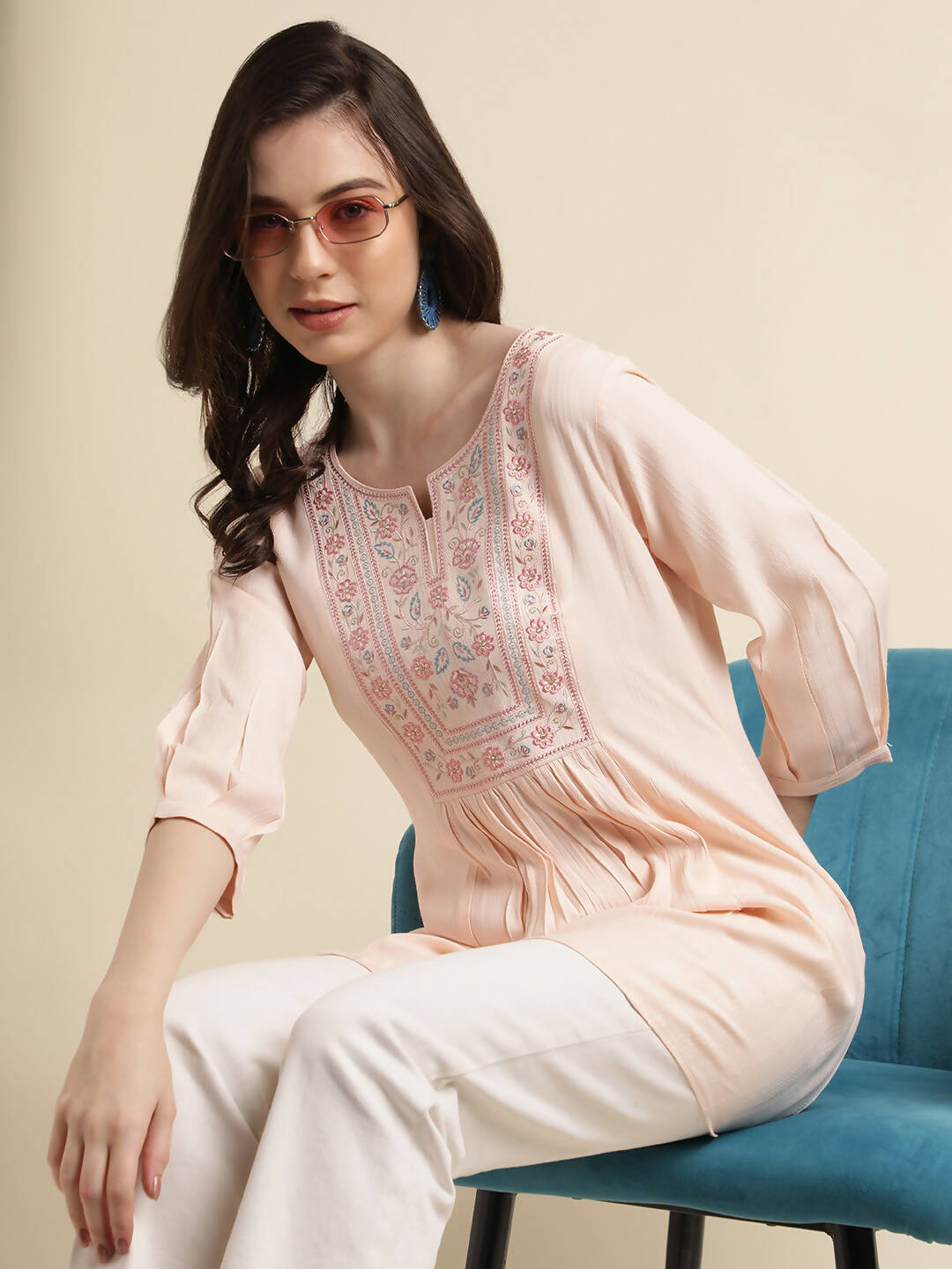 Peach Viscose Rayon Yoke Embroidered A-line Top - Tarini - Distacart