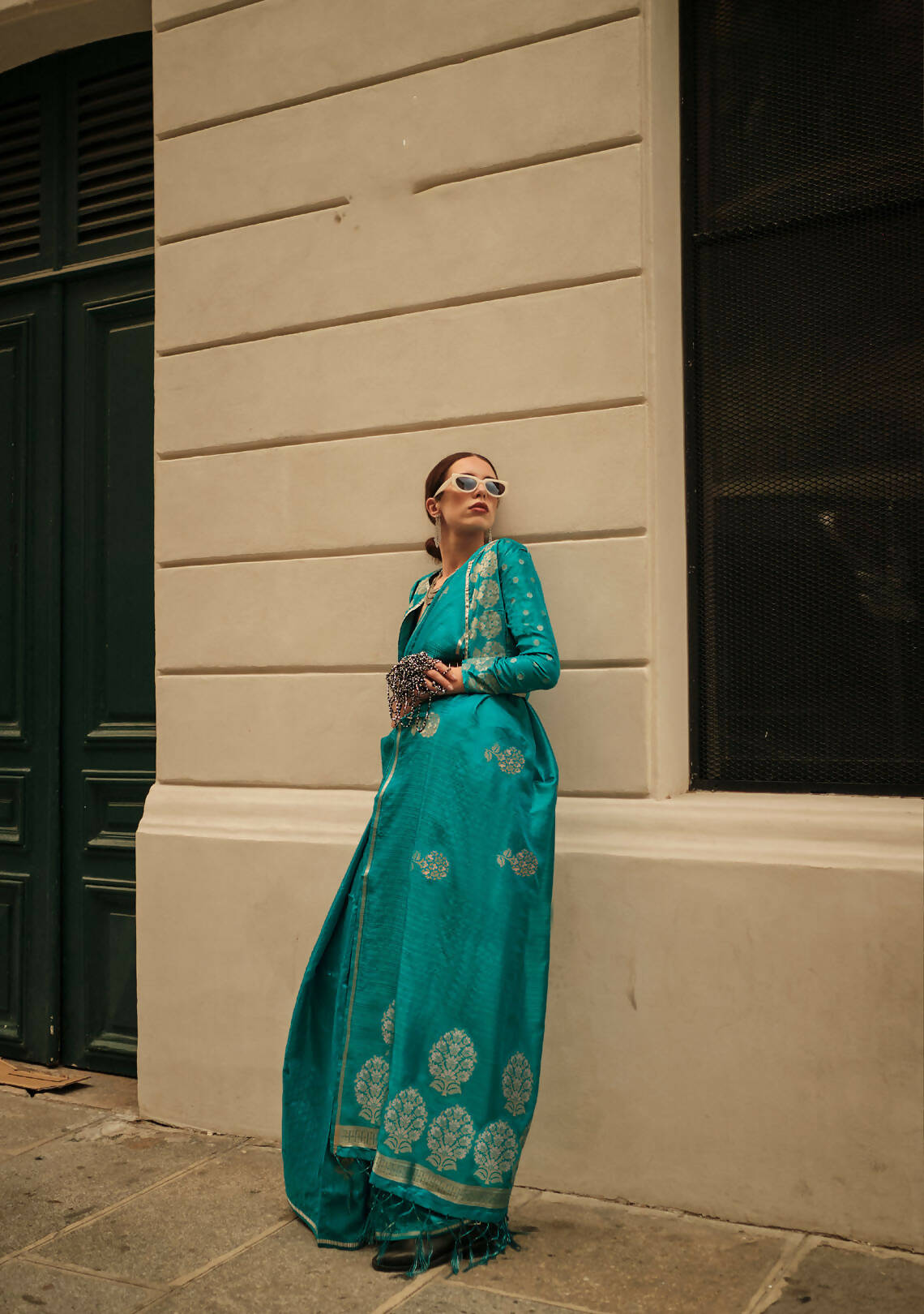 Pacific Blue Weavead Thread & Zari Work, Handloom Weaving Banarasi Satin Silk Saree - Rajtex Kronicle Silk - Distacart