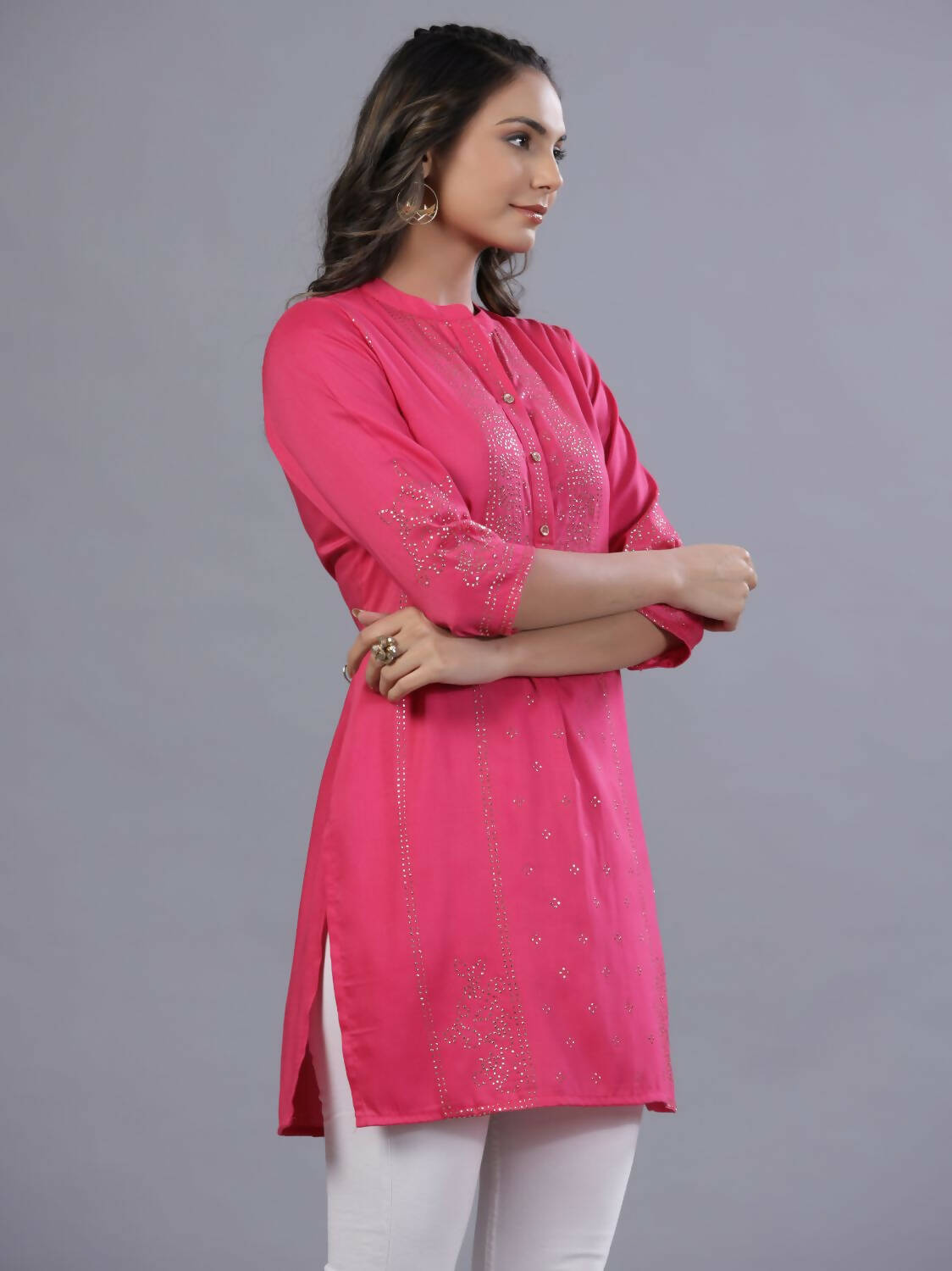 Juniper Women Fuchsia Chinon Silk Mukesh Work Straight Tunic - Distacart