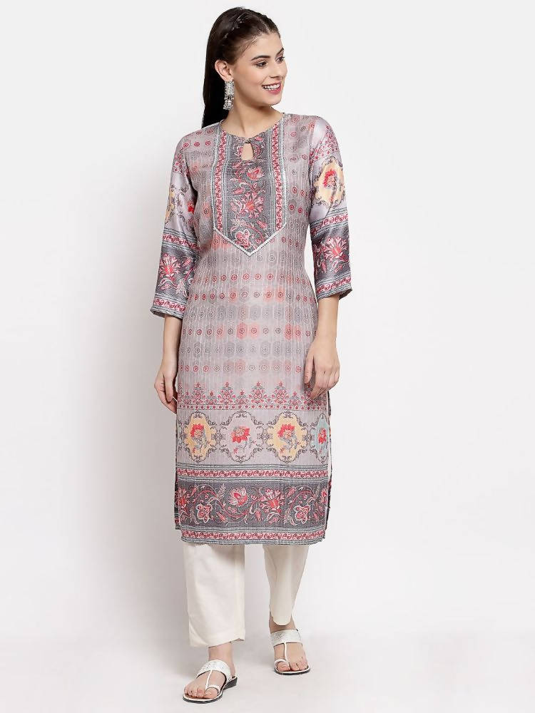 Myshka Women's Beautiful Multi Cotton Printed 3/4 Sleeve Round Neck Casual Kurta