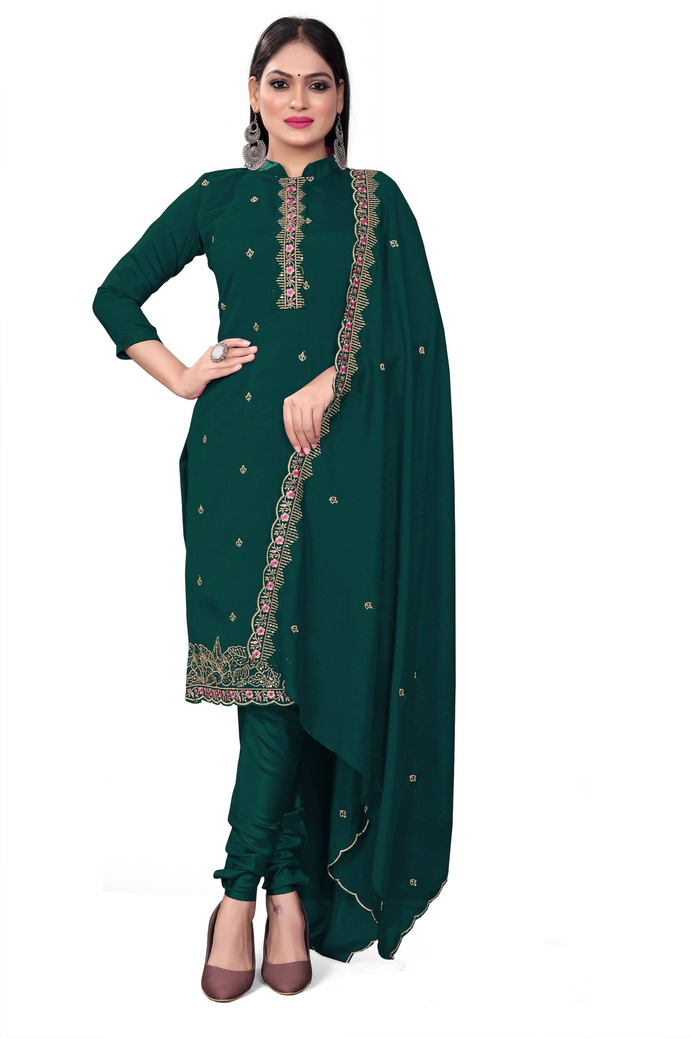 Teal Silk Embroidered with Sequins work Unstitched Dress Material - Tanvi - Distacart