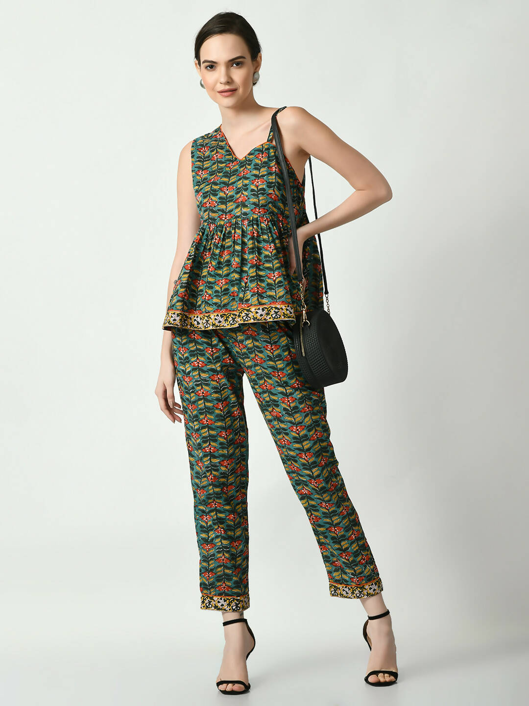 Myshka Women's Green One Shoulder Top With Trousers - Distacart