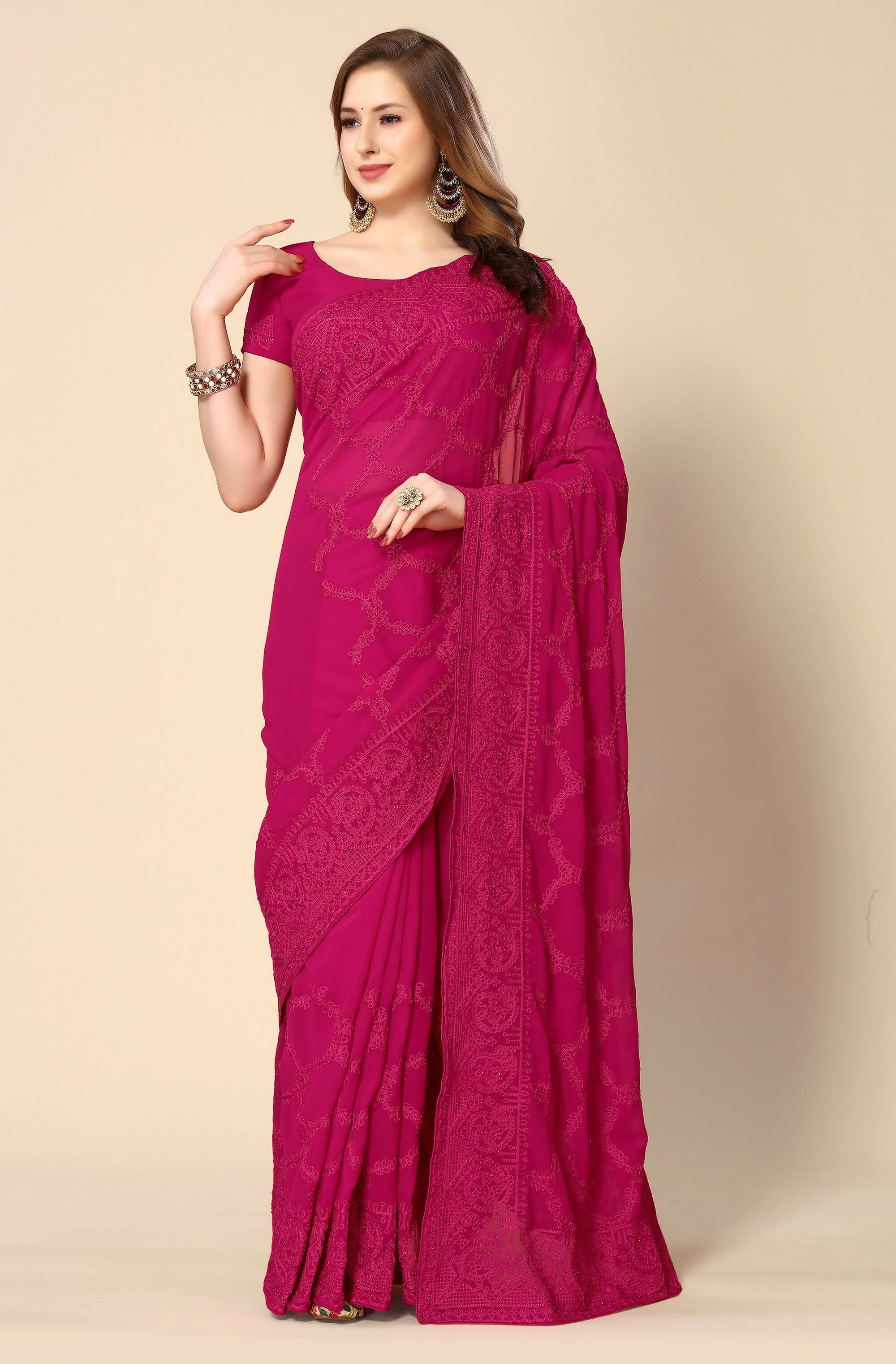 Pink Georgette Embroidered and Stone Work Saree with Unstitched Blouse Piece - Roozal - Distacart