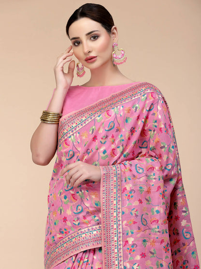 Pink Silk Blend Woven Design Saree With Unstitched Blouse Piece - Aloki - Distacart