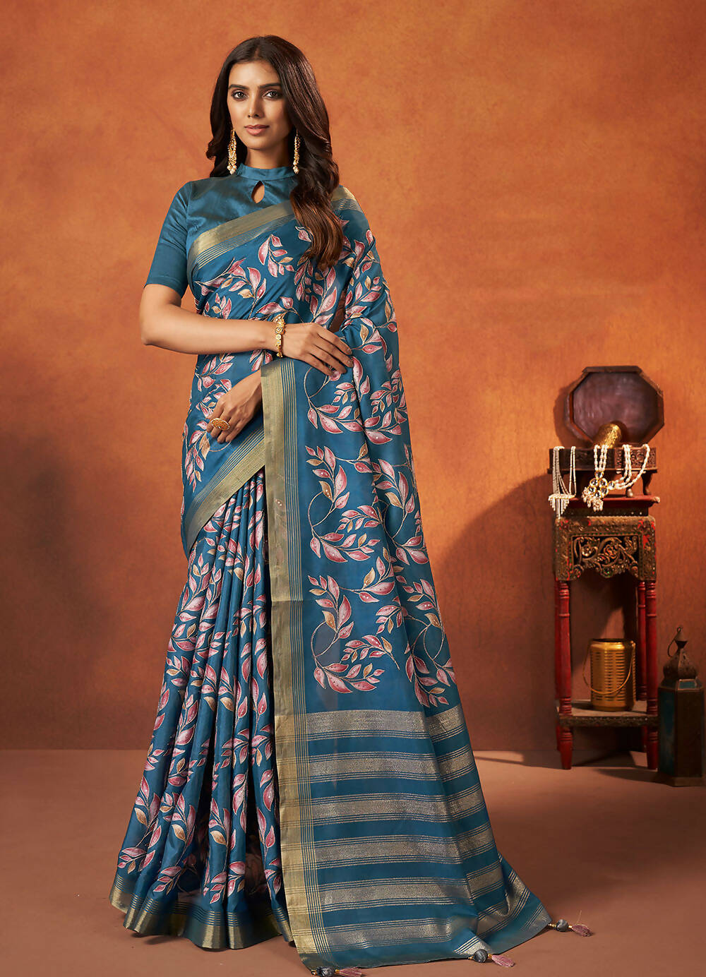 Blue Rangkat and Crepe Silk Floral Saree With Unstitched Blouse Piece - Mohmanthan Royal Saachi - Distacart