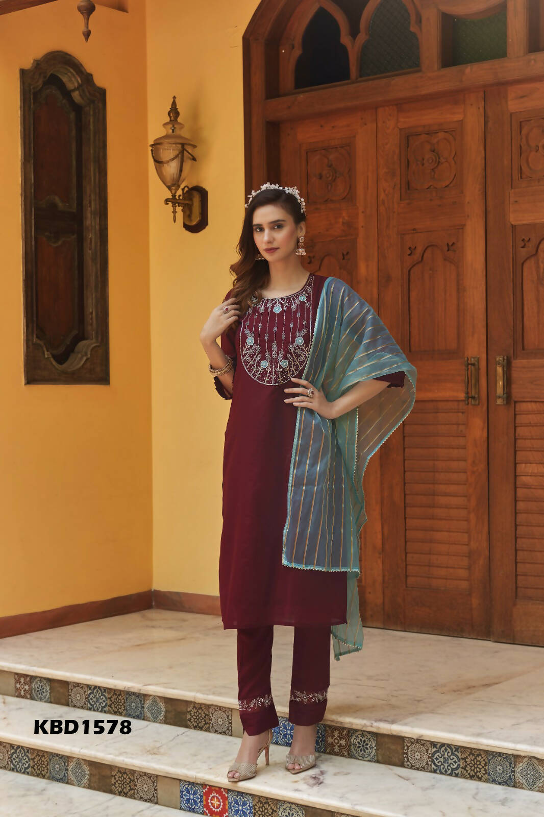 Wine Chinon Embroidered Kurta and Bottom with Dupatta - Akashara - Distacart