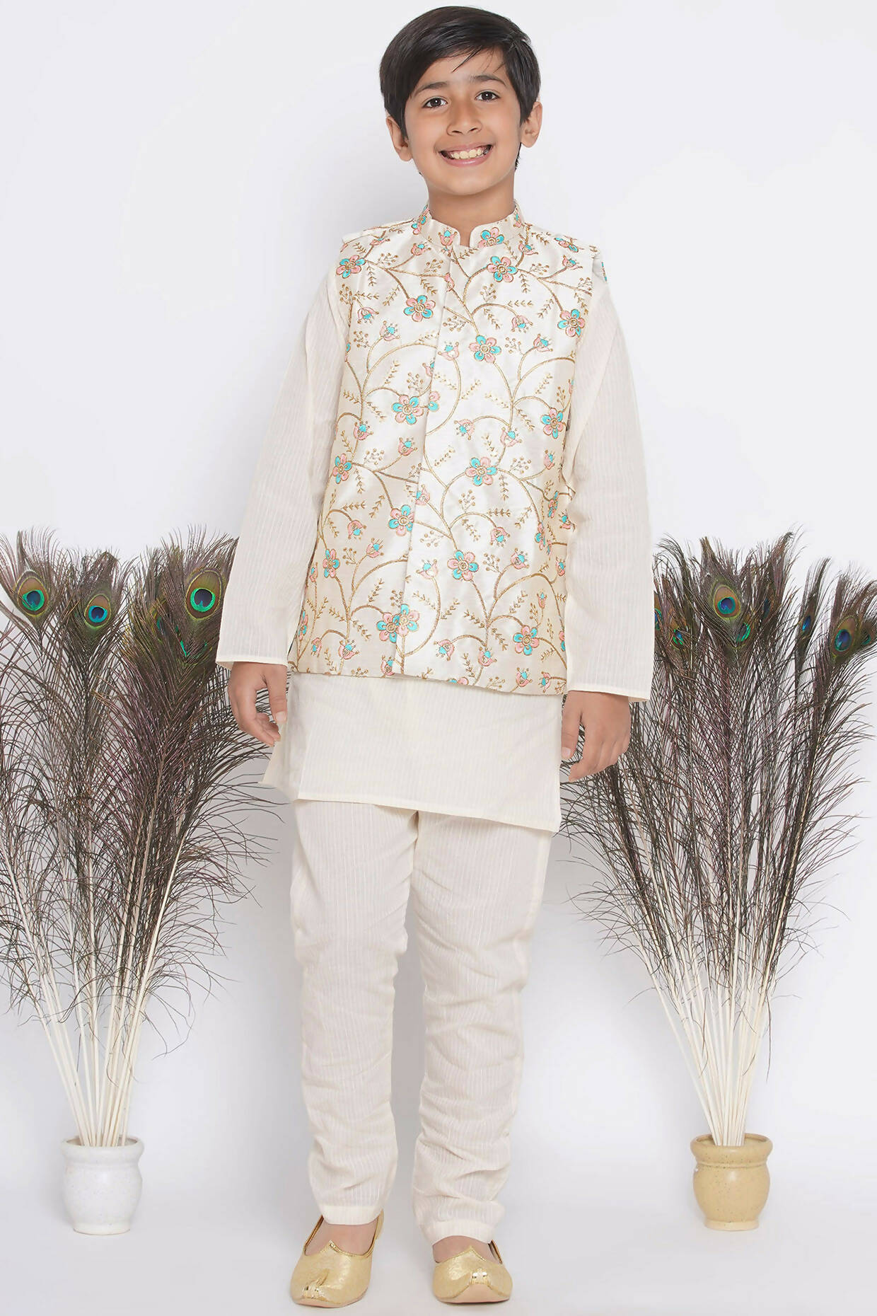 Little Bansi Banarsi Silk Pink Blue Floral Embroidery Jacket with Cotton Kantha kurta and Kantha Pyjama - Cream - Distacart