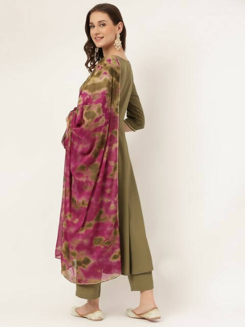 FIORRA Women's Olive Poly Crepe A-Line Kurta Pant With Dupatta - Distacart