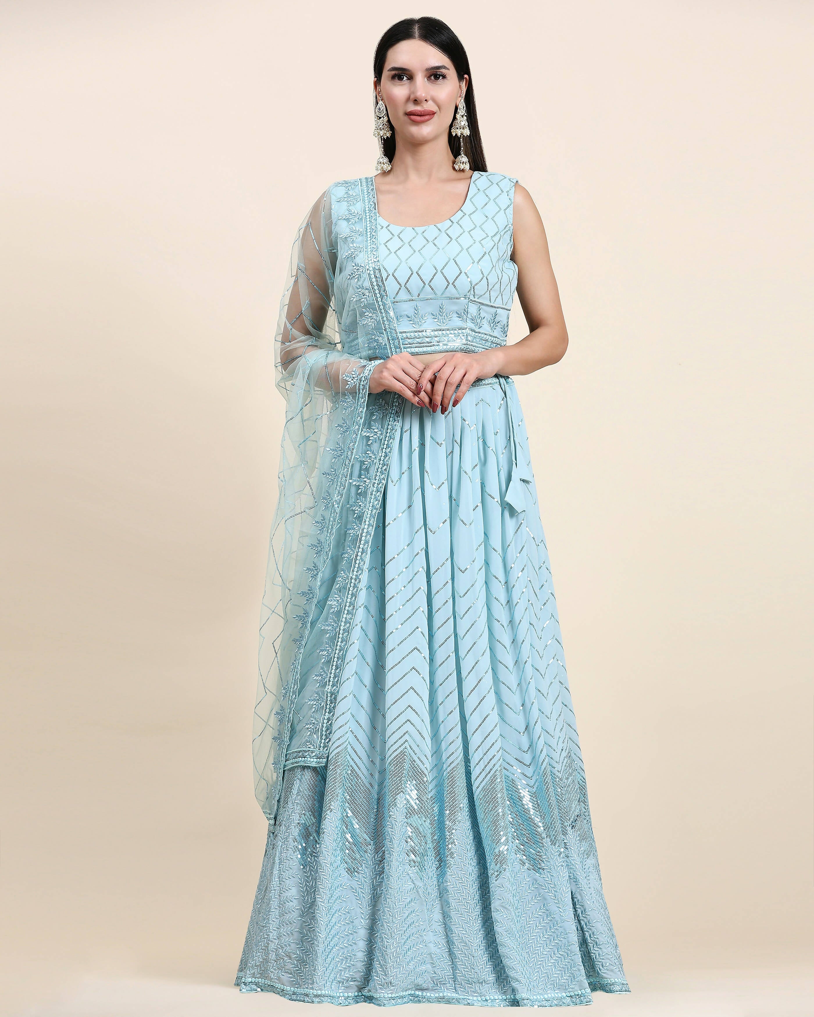 Blue Pure Viscose Georgette Sequence Embroidery work Lehenga Choli with Dupatta - Aakriti - Distacart