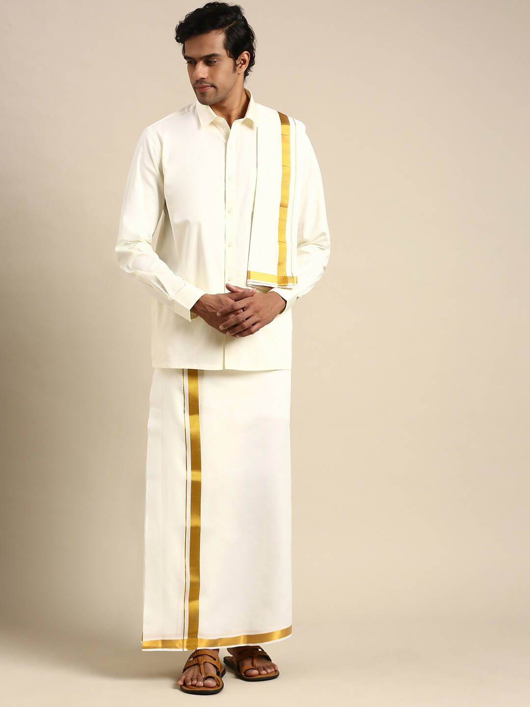 Ramraj Cotton Wedding Cream Zari Dhoti with shirt Bit & Towel Set Akshayam 50k - Distacart