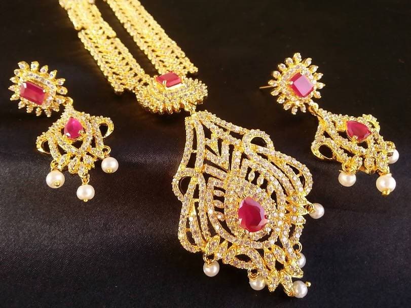 AD Ruby Bridal Long Traditional Necklace Set