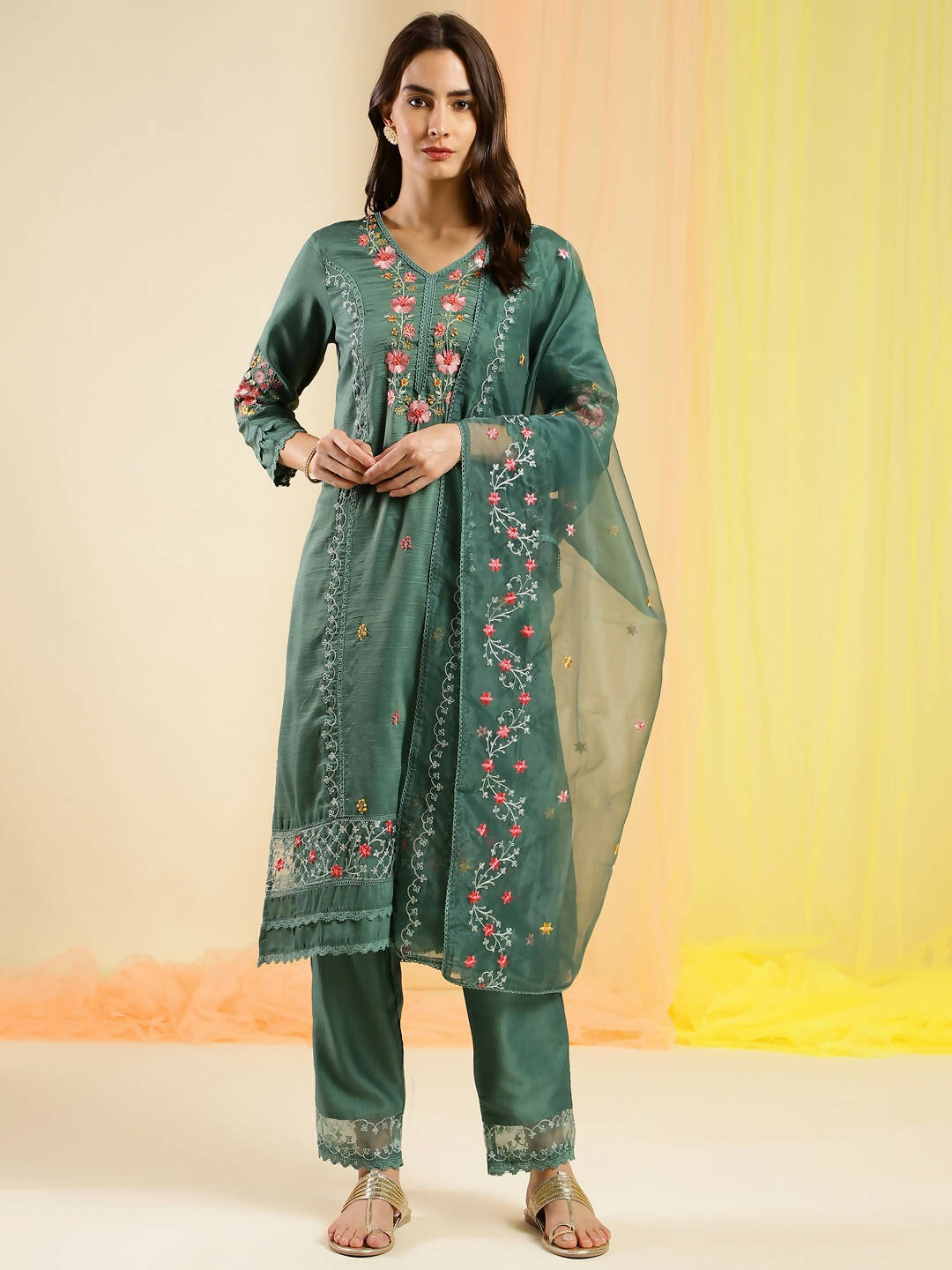 Green Chinon Embroidered Straight Kurta with Trouser & Dupatta - Salimar - Distacart