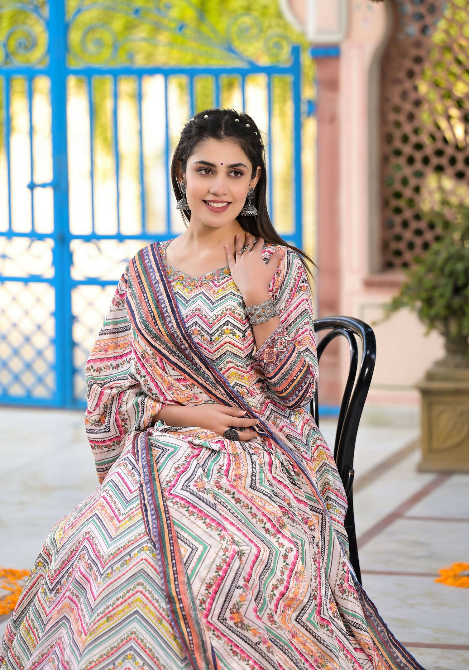 Functional Designer Off White-Muliti Dola Silk Anarkali suit with Dupatta - Ramya - Distacart