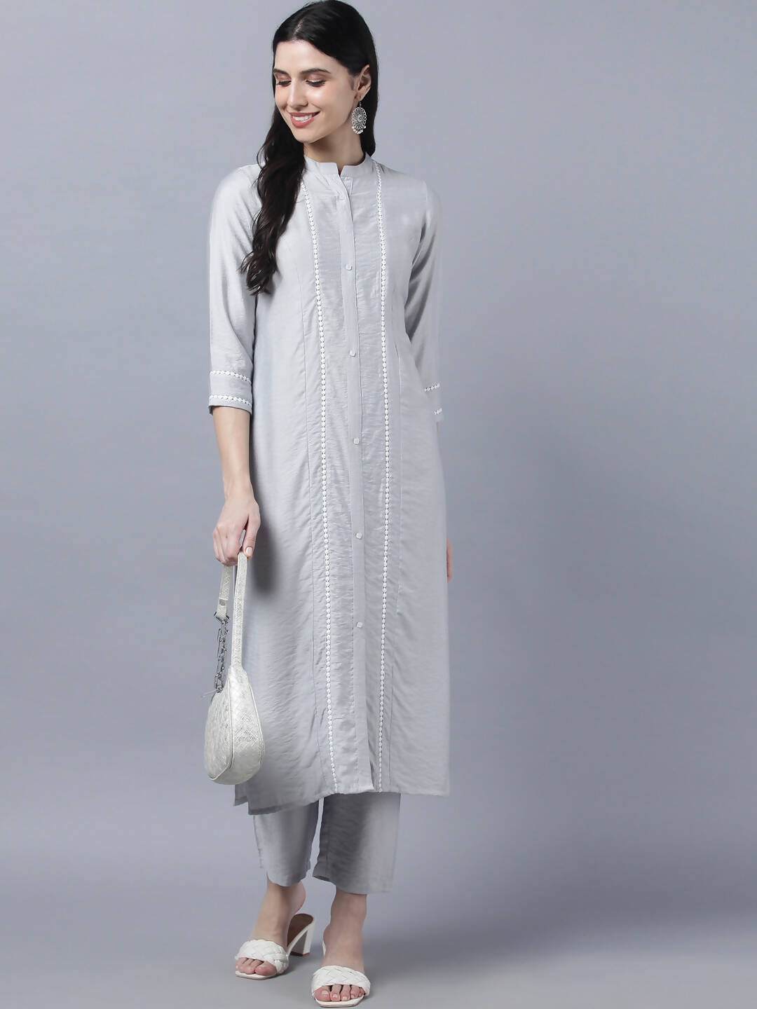 Myshka Stylish Grey Viscose 3/4 Sleeve Women's Kurta Pant Set - Distacart