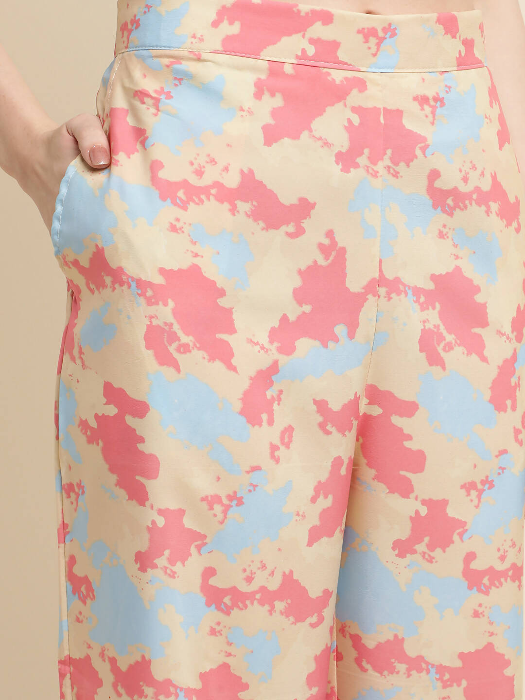 Beige & Pink Poly Crepe Digital Printed Top with Matching Bottom - Preeti - Distacart