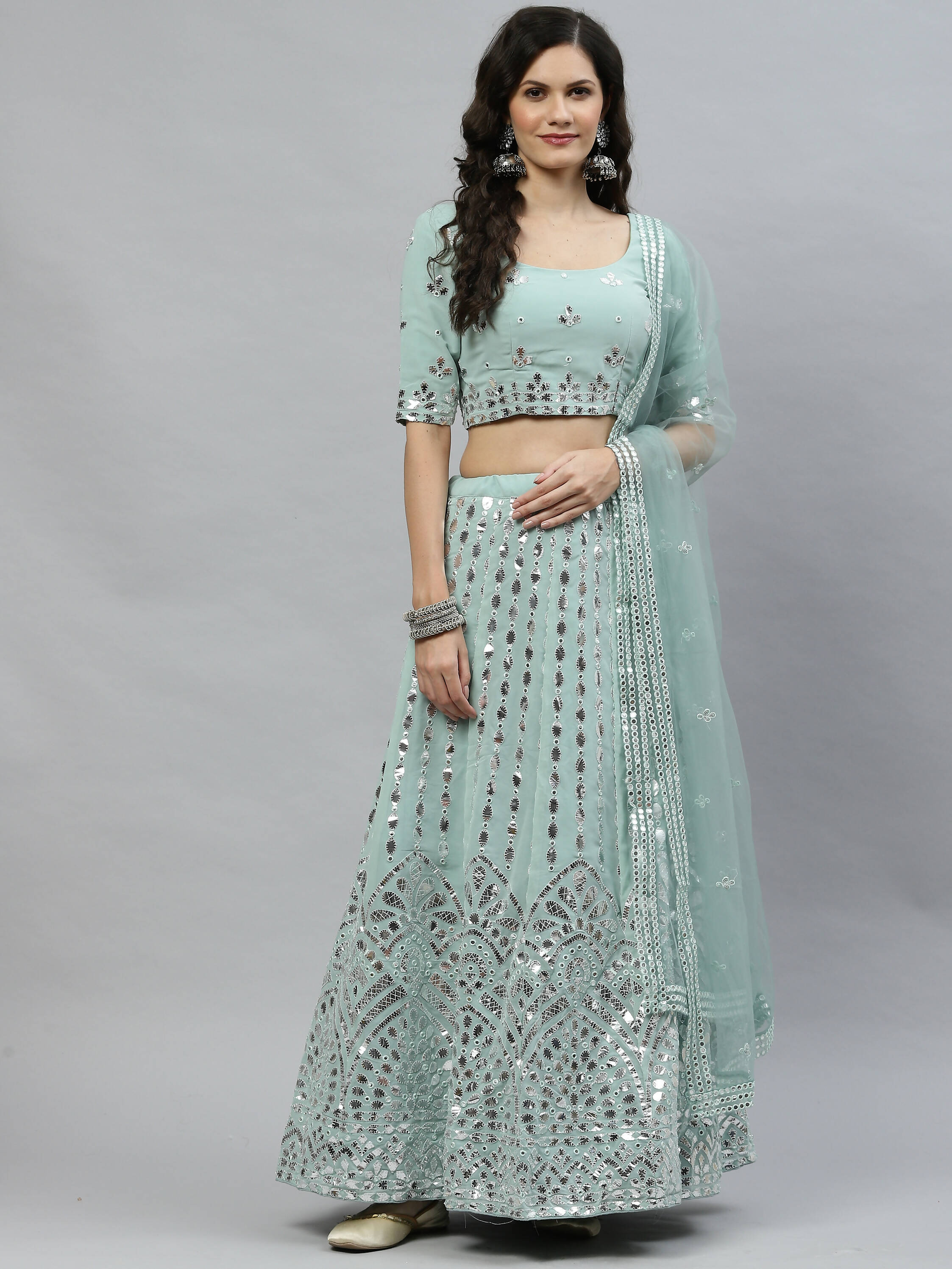 Pista Green Georgette Paper Mirror Embroidery Work Lehenga Choli with Dupatta - Jivika - Distacart