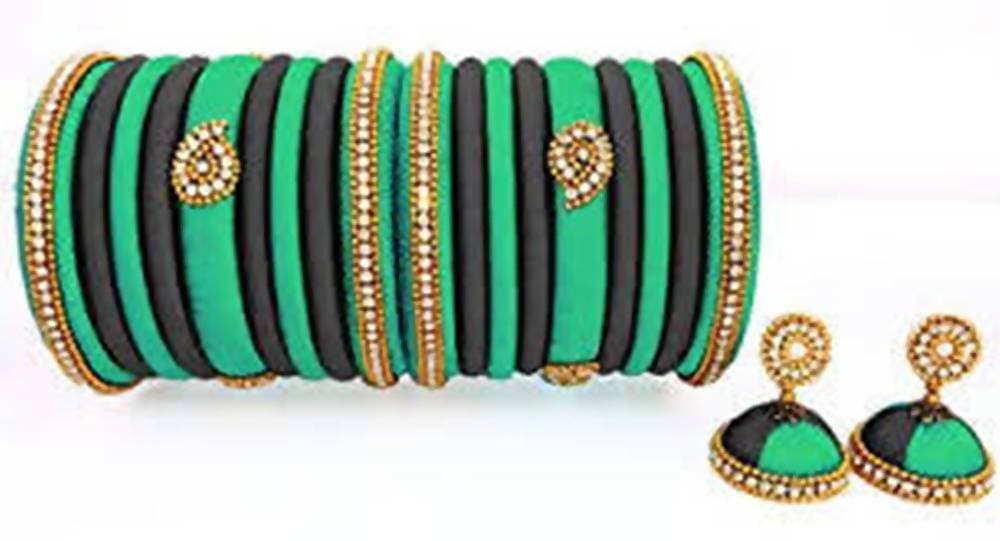 Green and Black Silk Threaded Earrings and Bangles Set of 2