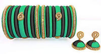 Thumbnail for Green and Black Silk Threaded Earrings and Bangles Set of 2