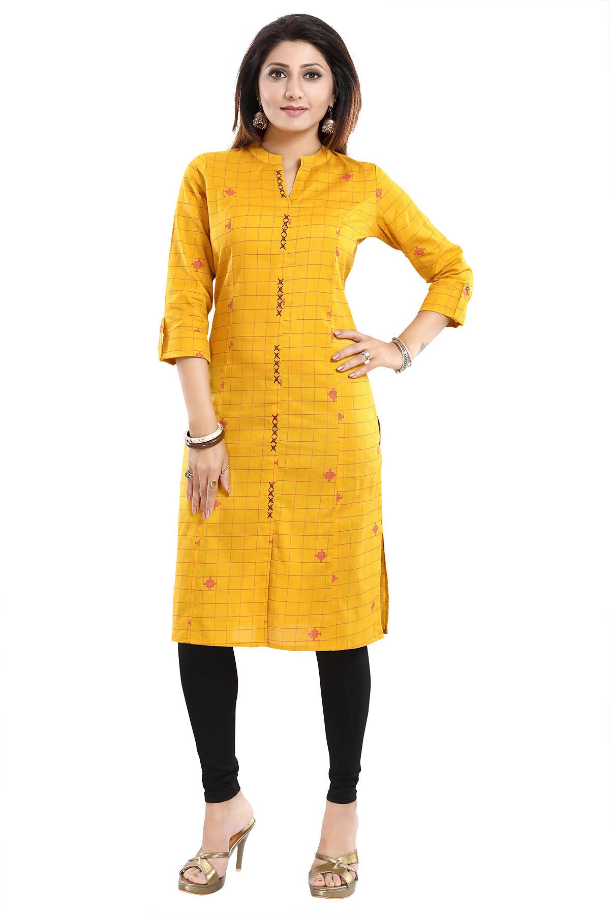 Snehal Creations Checkered Print Yellow Long Cotton Kurti - Distacart