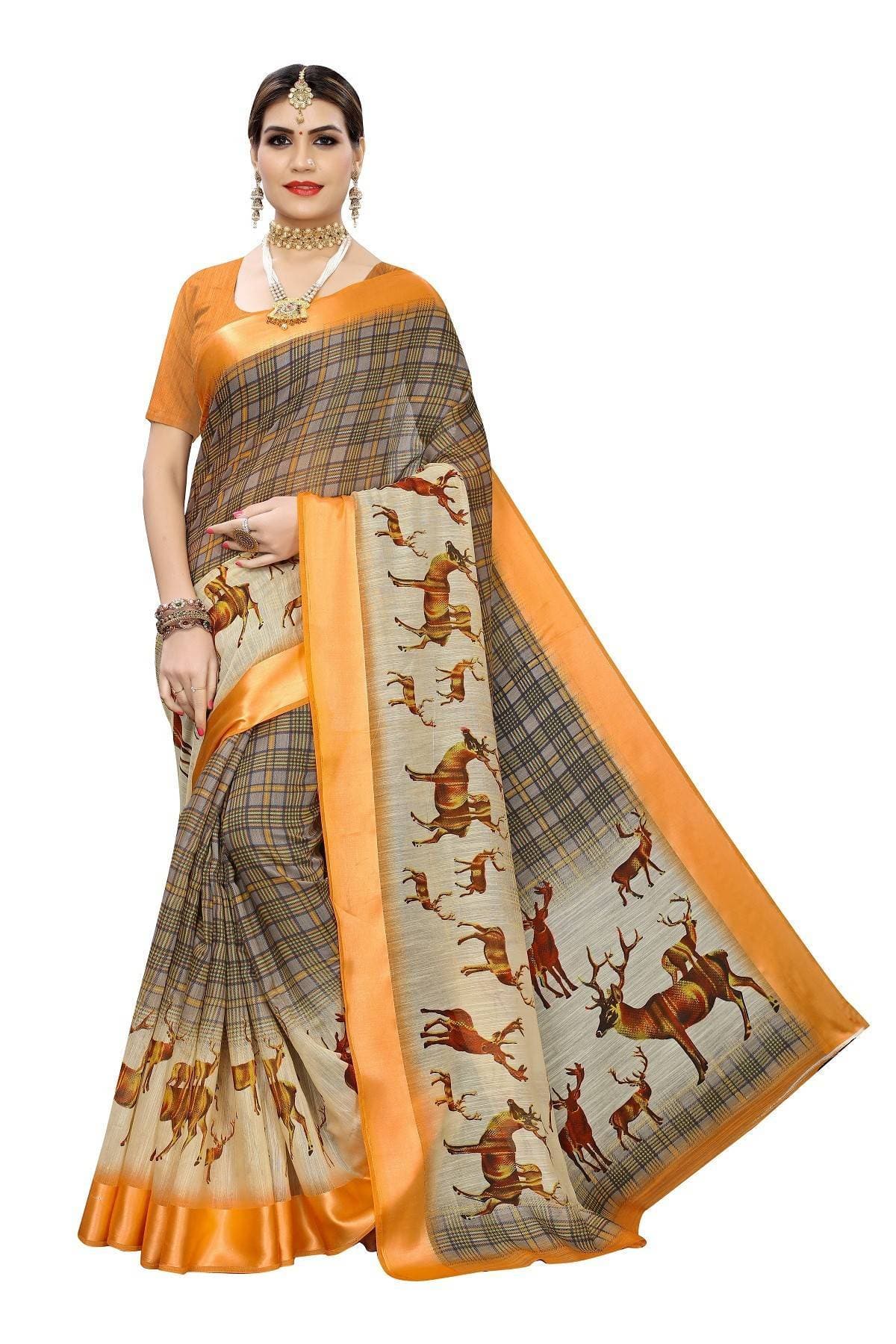 Vamika Orange Linen Digital Print with Satin Border Beautiful Saree