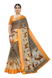 Thumbnail for Vamika Orange Linen Digital Print with Satin Border Beautiful Saree