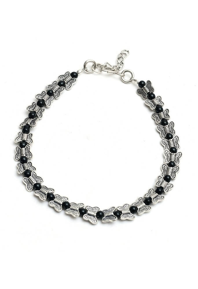 Mominos Fashion Kamal Johar Oxidised Silver Butterfly Anklets