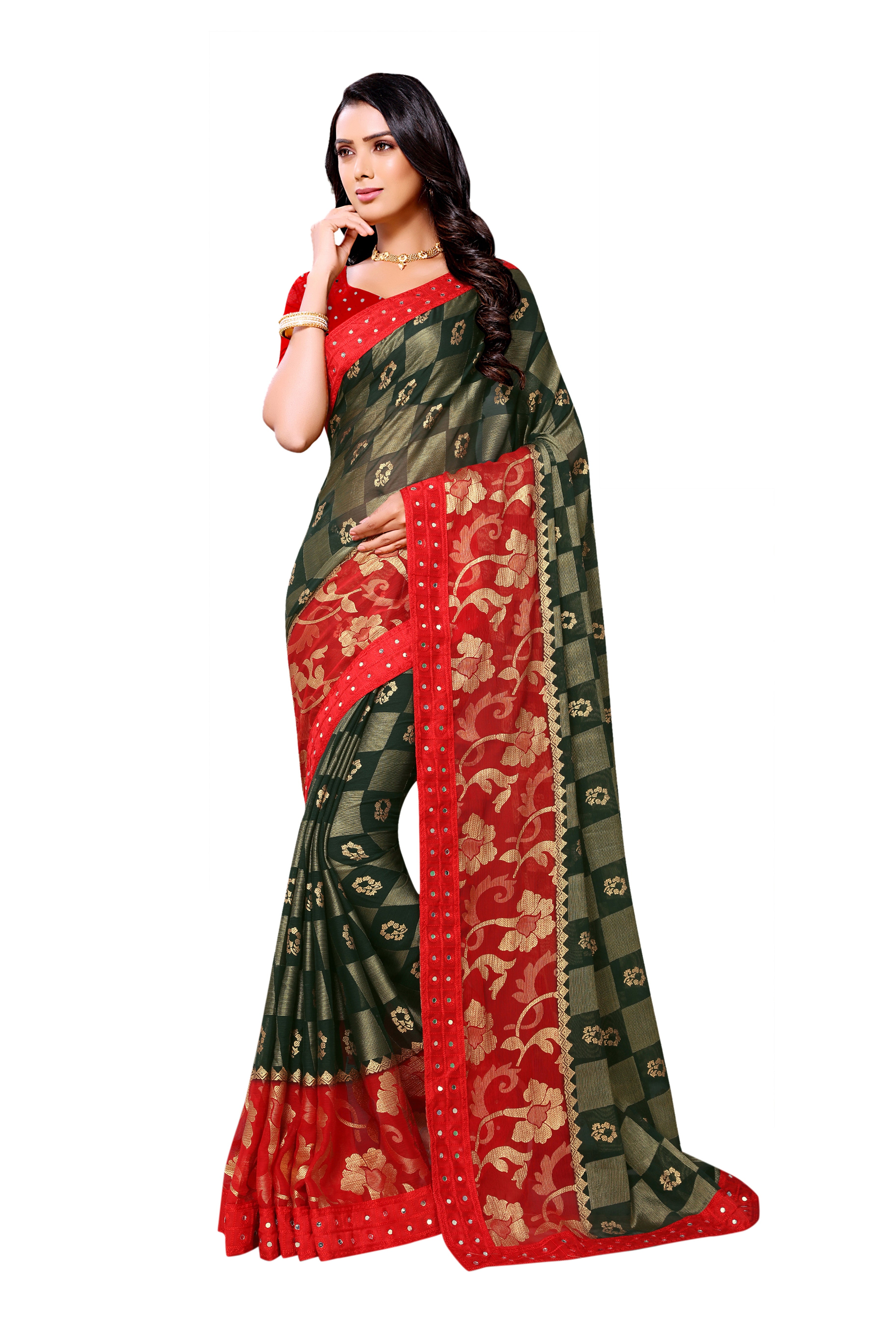 Vamika Green & Red Designer Chiffon Brasso Saree With Mirror Work Lace - Distacart