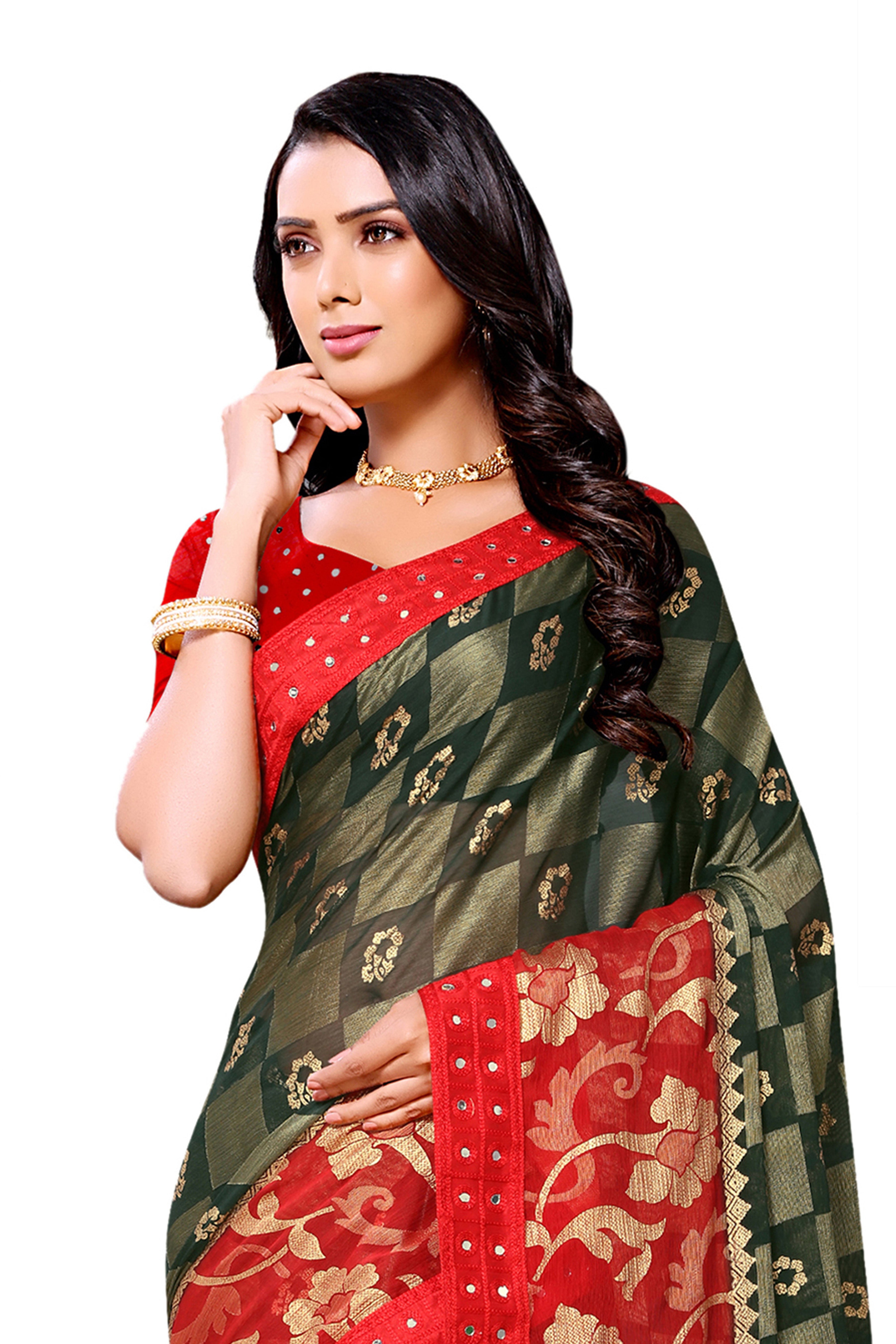 Vamika Green & Red Designer Chiffon Brasso Saree With Mirror Work Lace - Distacart