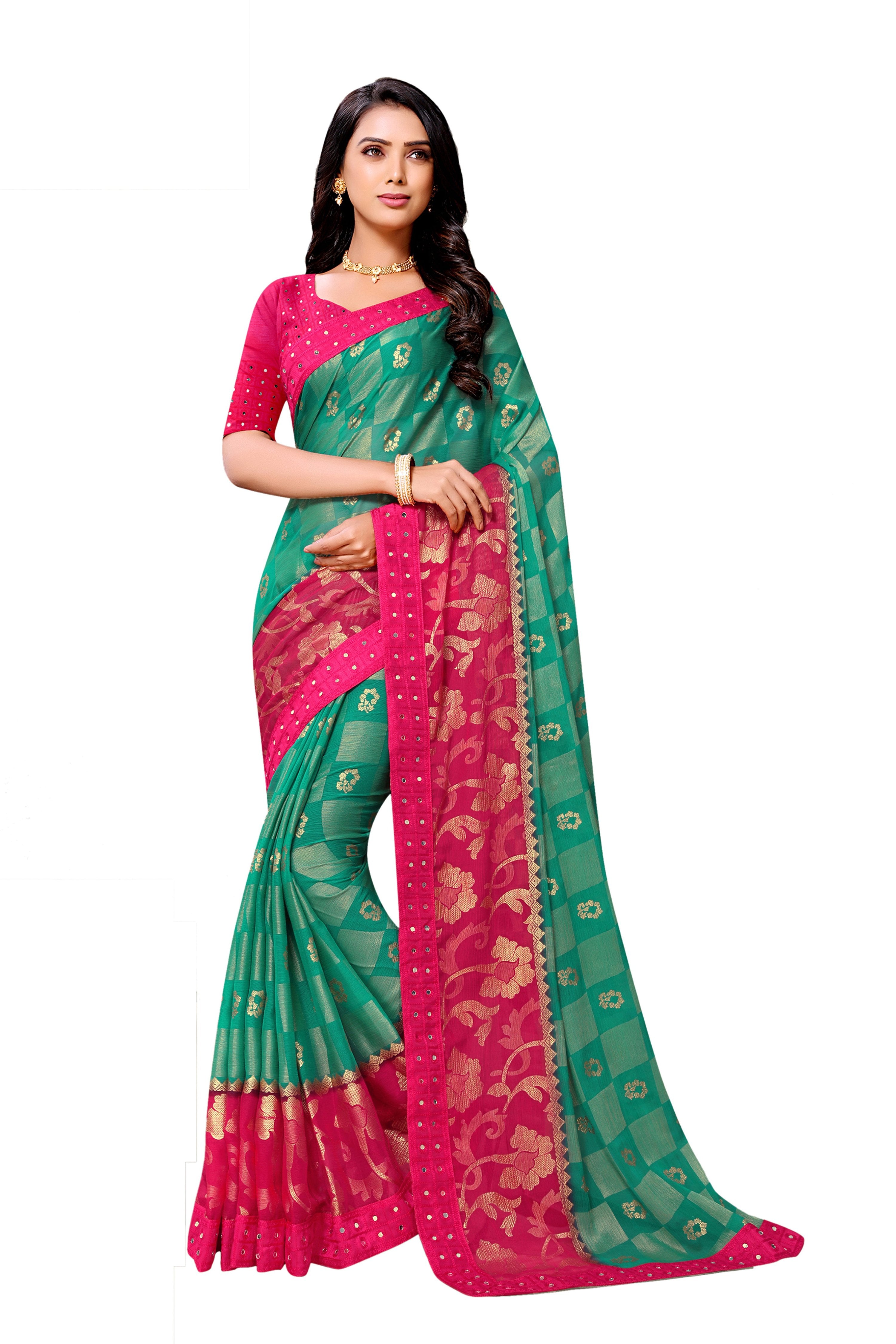 Vamika Rama & Pink Designer Chiffon Brasso Saree With Mirror Work Lace - Distacart