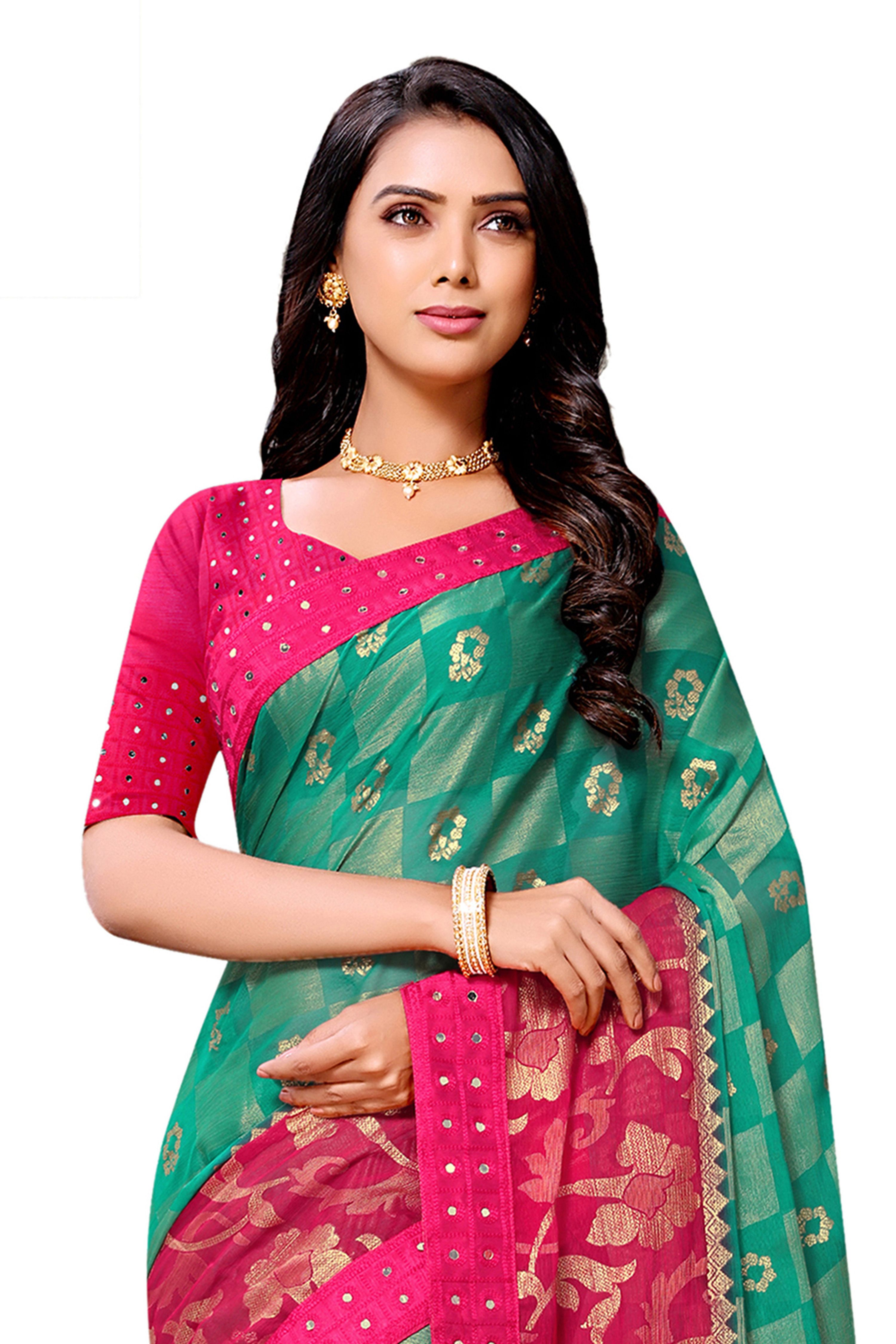 Vamika Rama & Pink Designer Chiffon Brasso Saree With Mirror Work Lace - Distacart