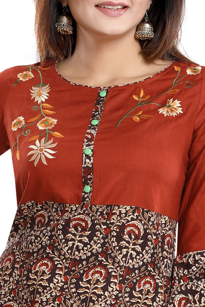Snehal Creations Rust Rayon Printed Flared Long Tunic - Distacart