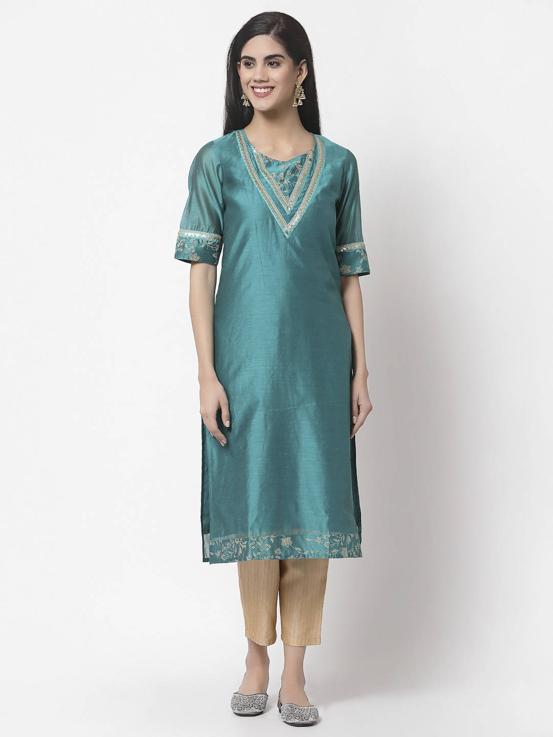 Myshka Women Teal Chanderi Solid Half Sleeve Round Neck Kurta