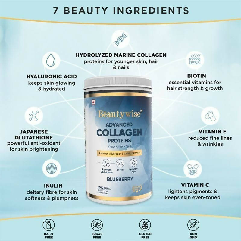 Beautywise Advanced Marine Collagen Anti-Aging Powder - Glutathione, HA & Biotin - Blueberry - Distacart
