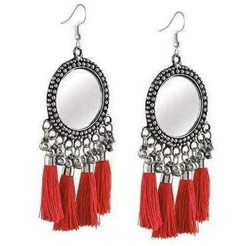 Traditional And Occasional Red Color Silk Threads Mirror Fashion Design Earrings