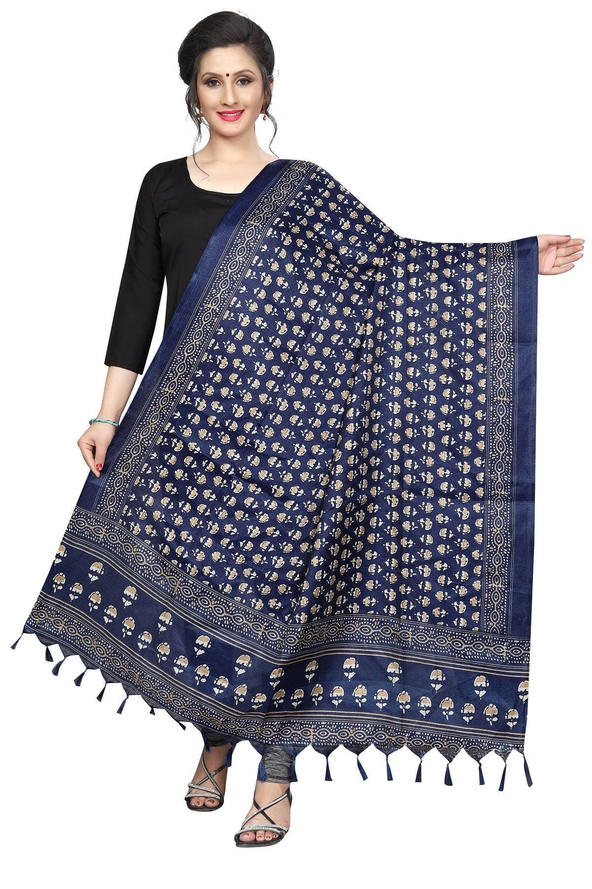 Vamika Navy Blue Printed Khadi Bhagalpuri Latest Dupatta