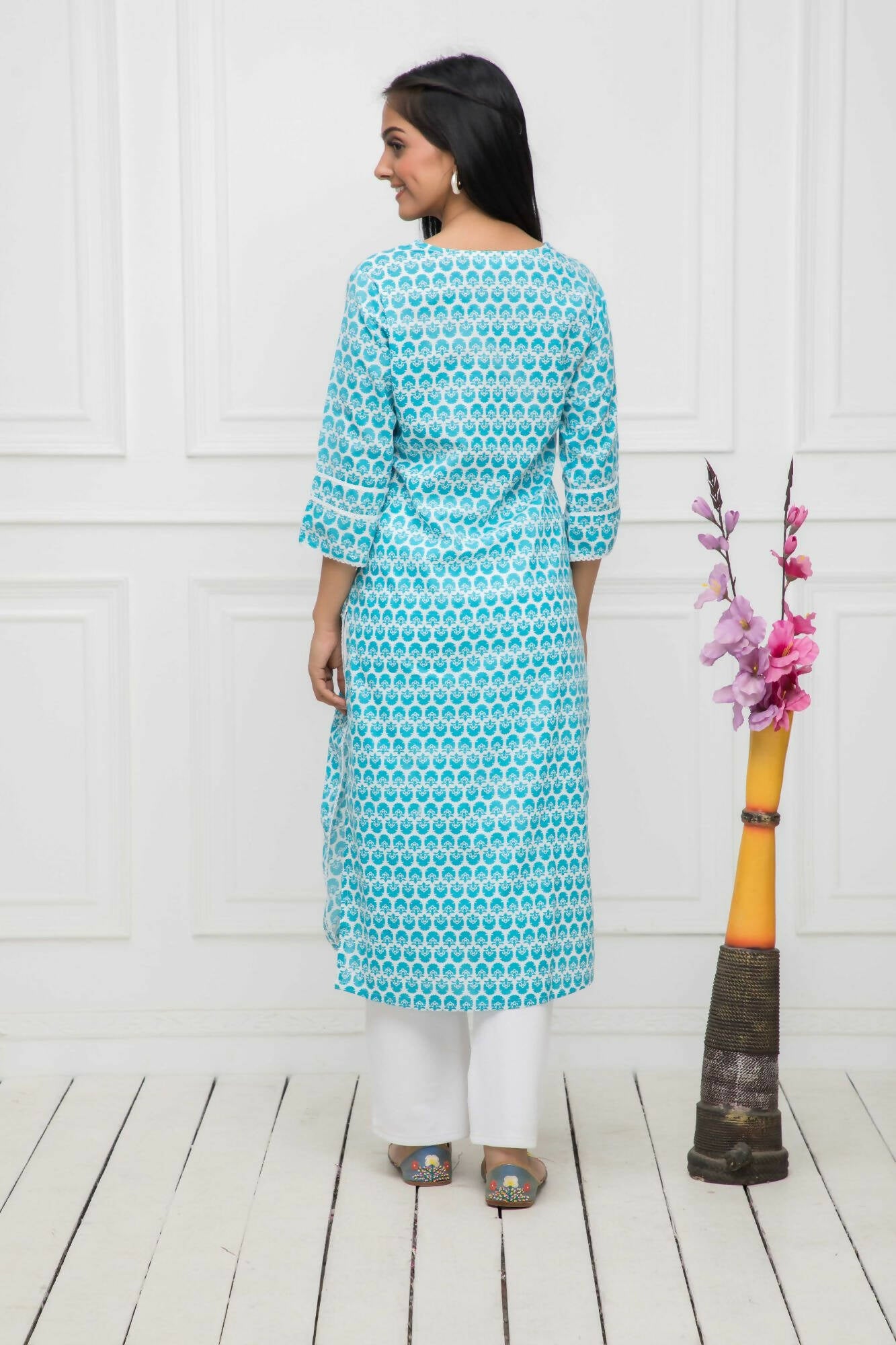 Myshka Blue Women Solid Cotton Straight Round Neck Kurtas - Distacart