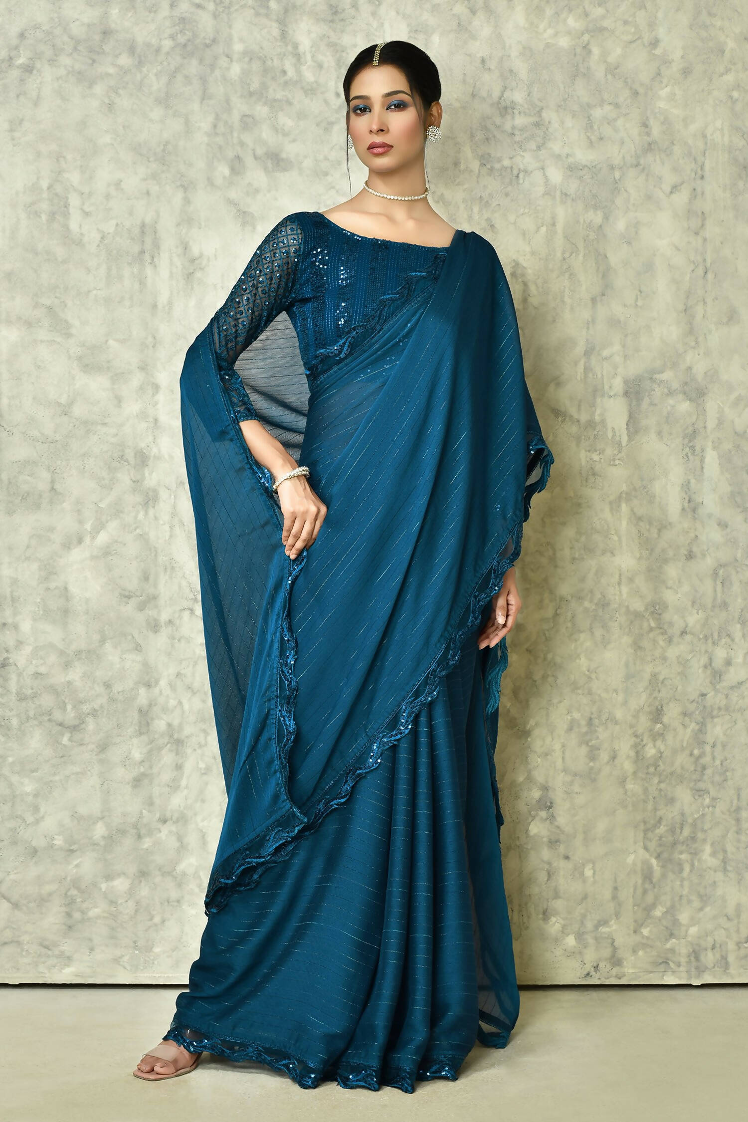 Blue Silk Stripe Saree With Blouse Piece - Purvi - Distacart