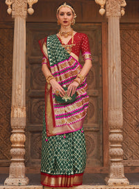 Thumbnail for Green Silk Geometric Printed Saree With Unstitched Blouse Piece - Aanchal - Distacart