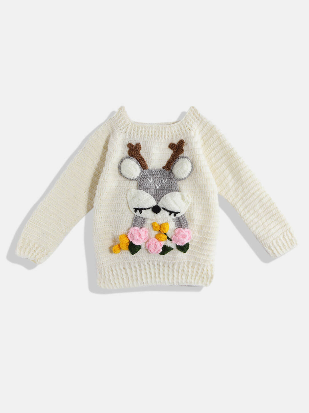 Chutput Kids Woollen Hand Knitted Full Sleeves Deer Detail Sweater - Cream - Distacart