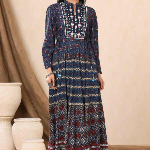 Juniper Womens Indigo Rayon Multicolor Printed Maxi Dress With Yoke Mirror Embroidery - Distacart