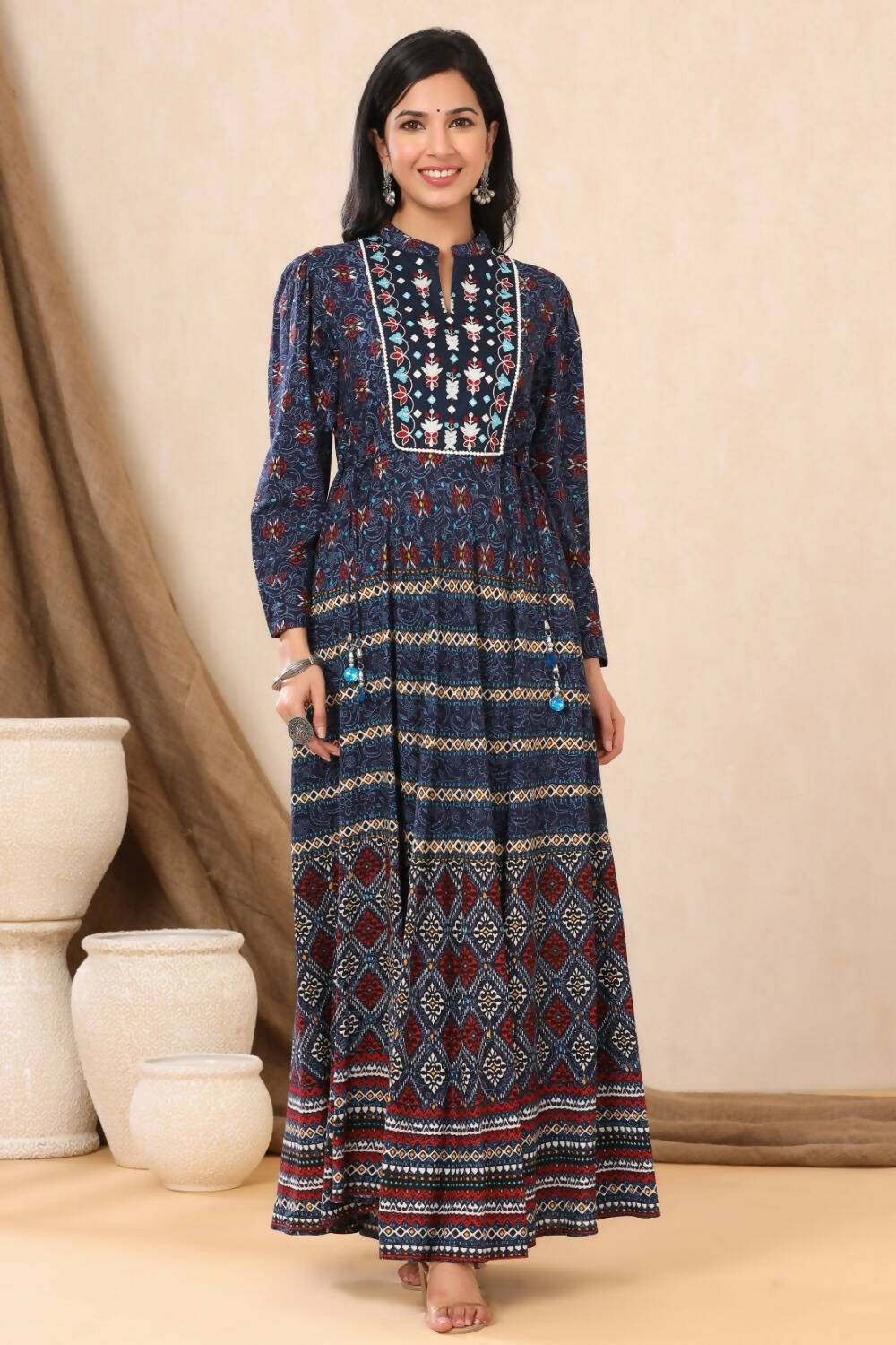 Juniper Womens Indigo Rayon Multicolor Printed Maxi Dress With Yoke Mirror Embroidery - Distacart
