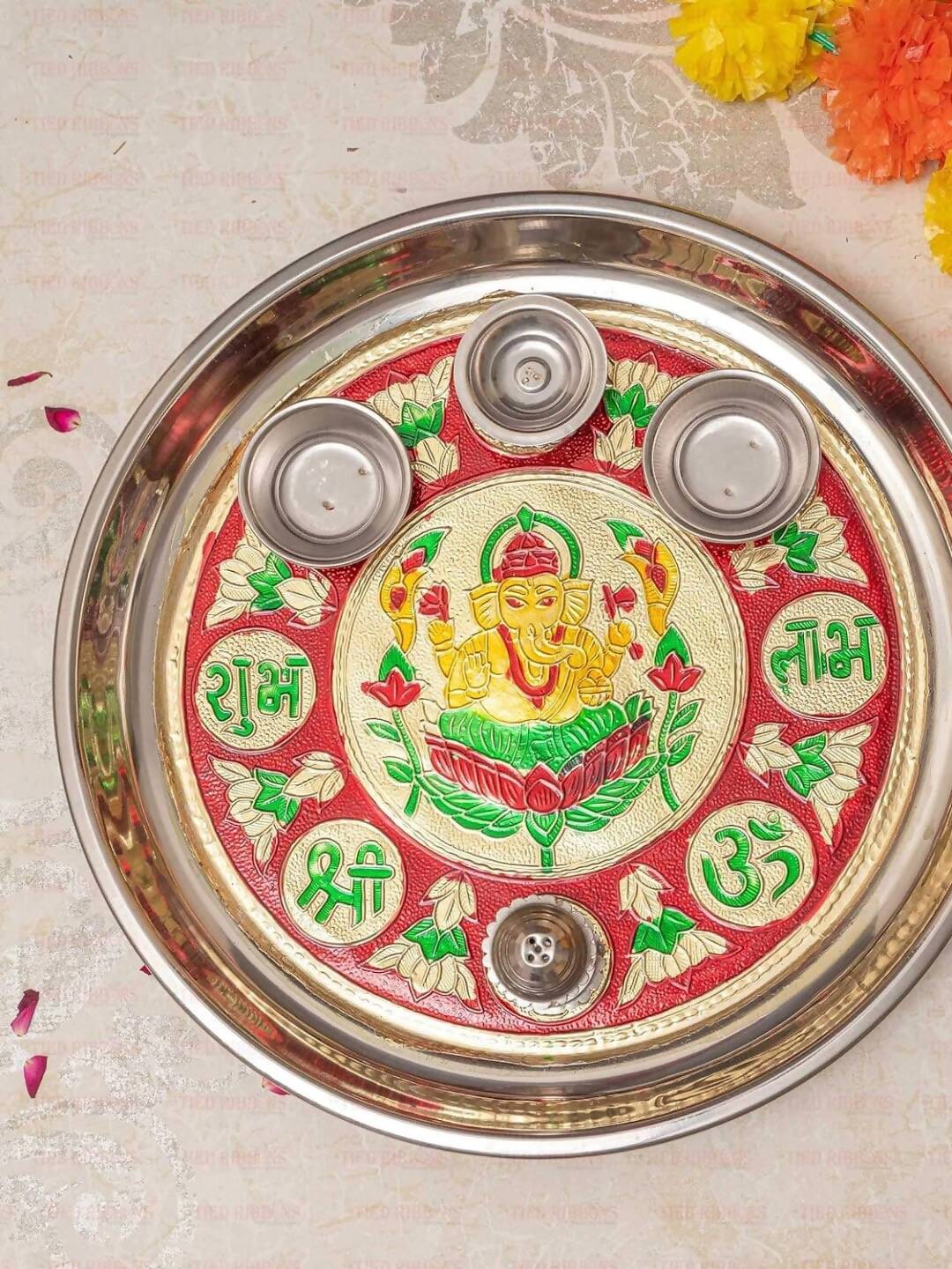 Tied Ribbons Red & Green Printed Pooja Thali With Attached Incense Diya Tilak Holder - Distacart