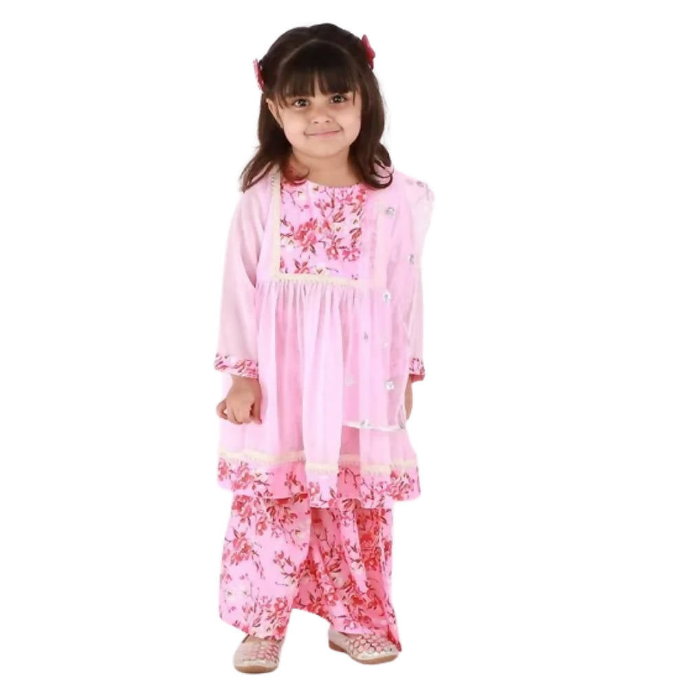 Little Bansi Pink Floral print Kurta Frock with Floral Plazzo and Dupatta