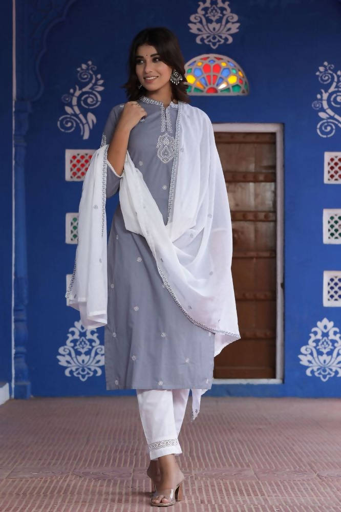 Yufta Kurta Women Grey & White Embroidered Kurta with Palazzo & Dupatta