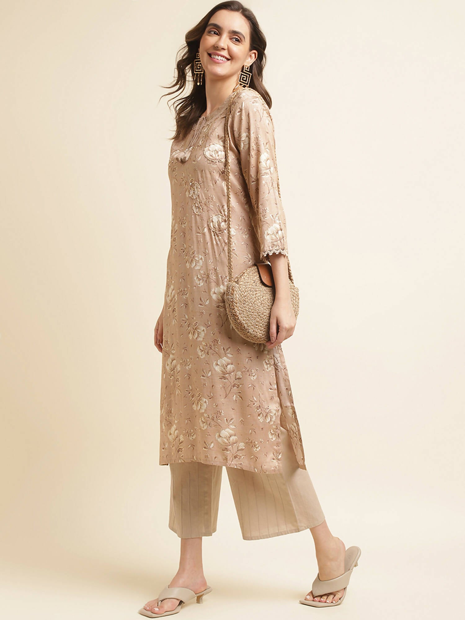 Beige Poly Rayon Floral Printed Straight Kurta - Prasuti - Distacart