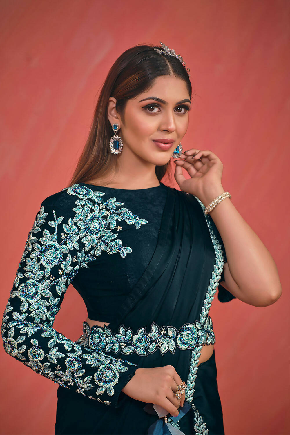 Dark Teal Crepe Silk Satin Thread & Stone with Kardana work Saree With Stitched Blouse - Mohmanthan Elegancia - Distacart